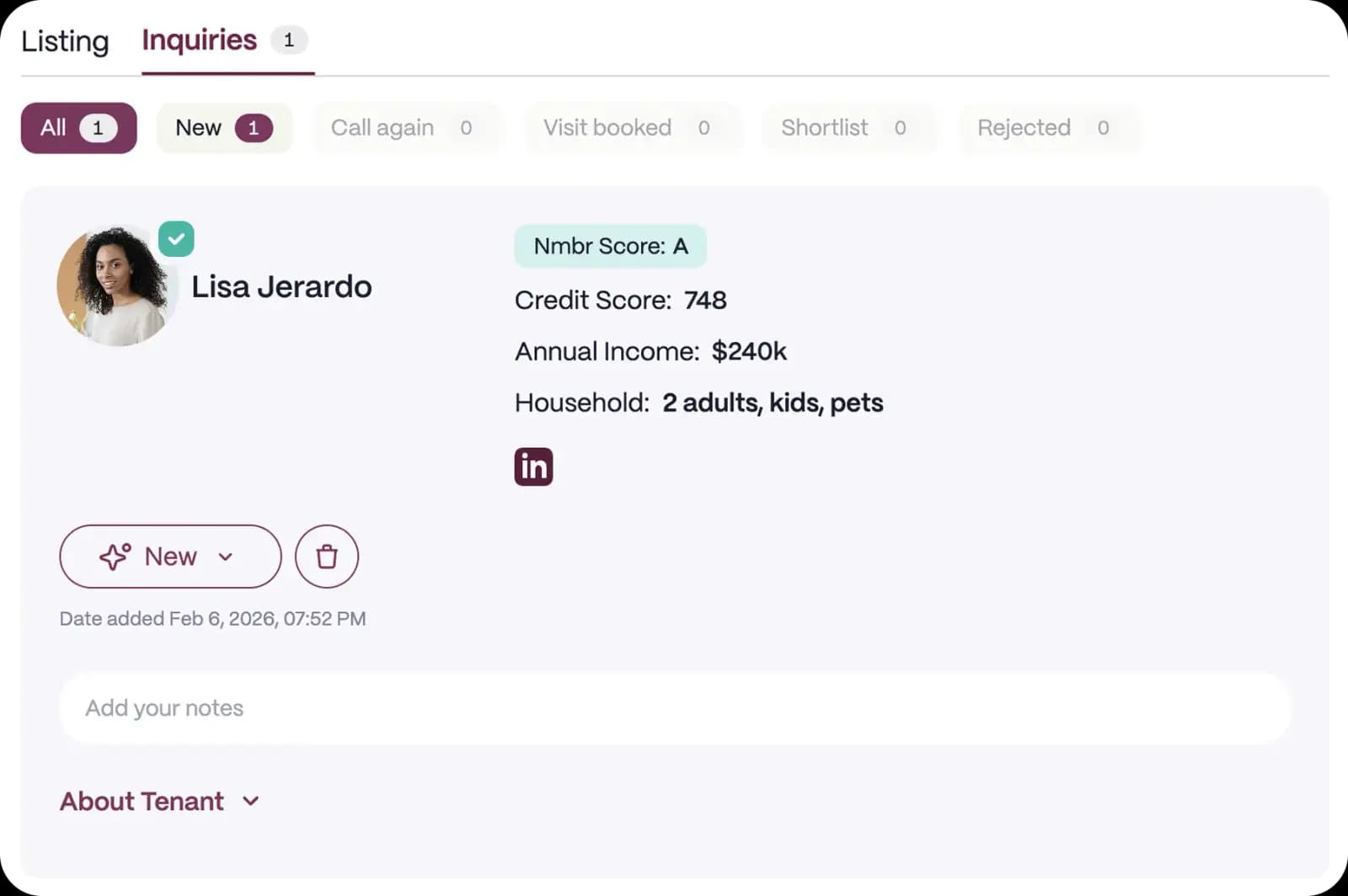 Example Nmbr inquiry workflow showing renter status and qualification context