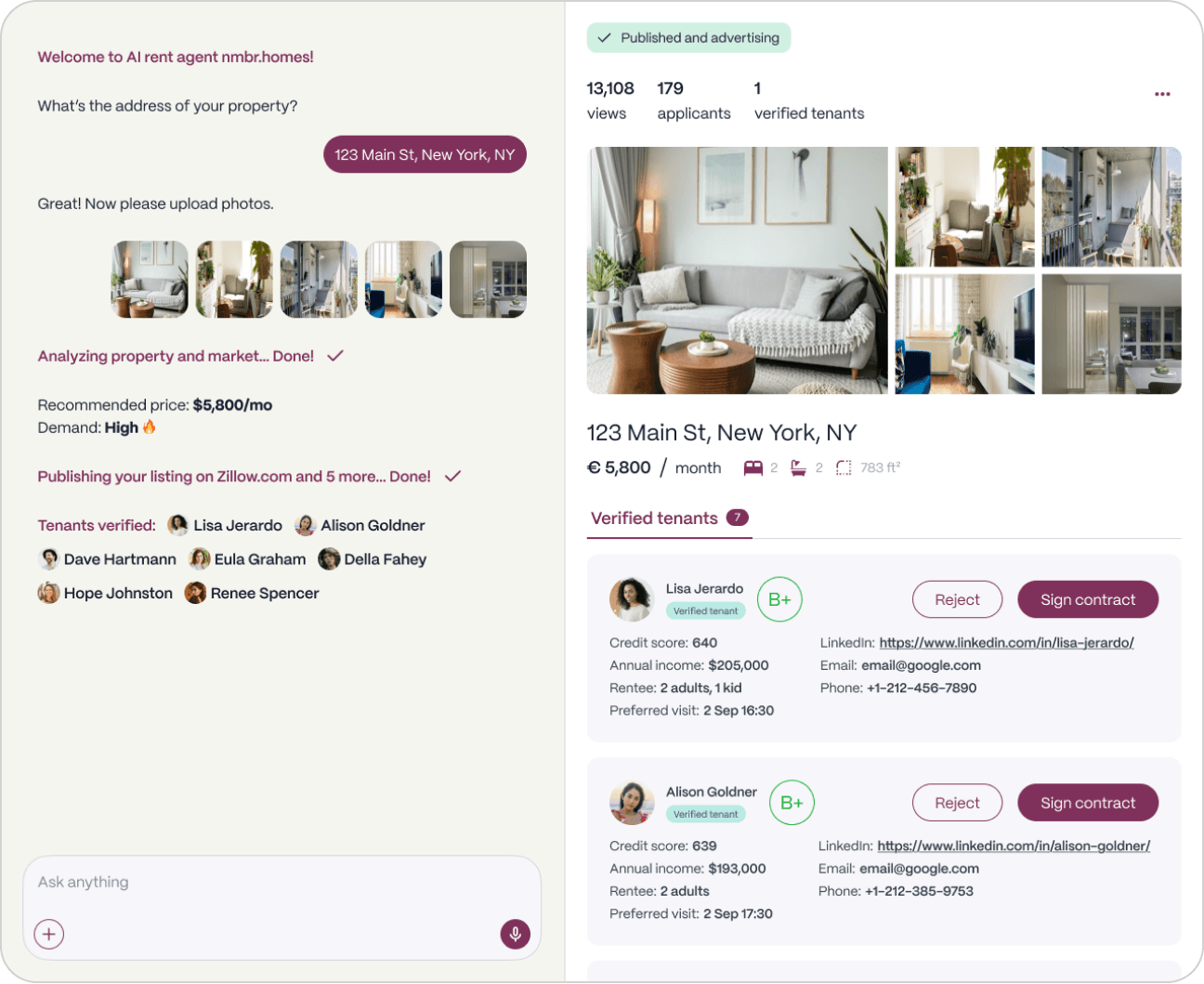 Nmbr landlord workflow showing listing analysis, publishing, applicants, and verified tenants